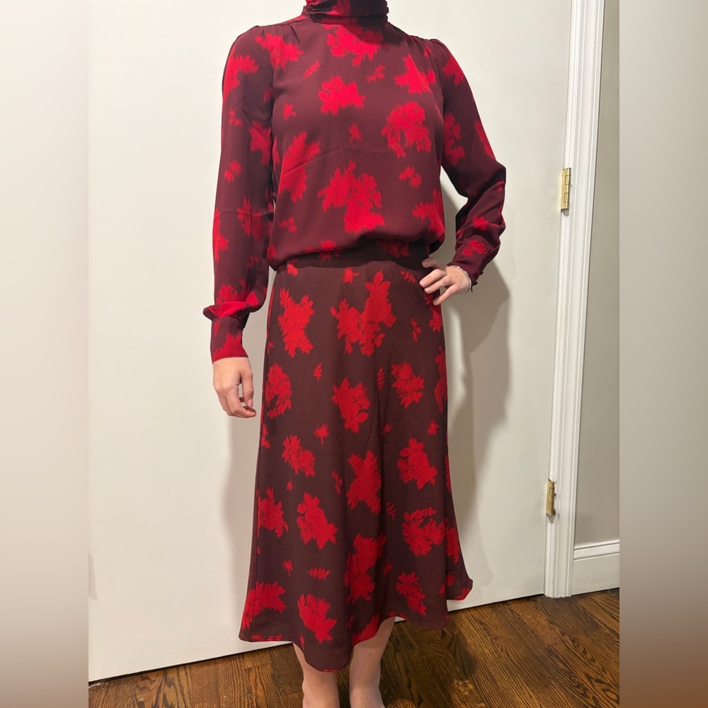 XXSP Ann Taylor Red Floral A-Line Skirt and Shirt